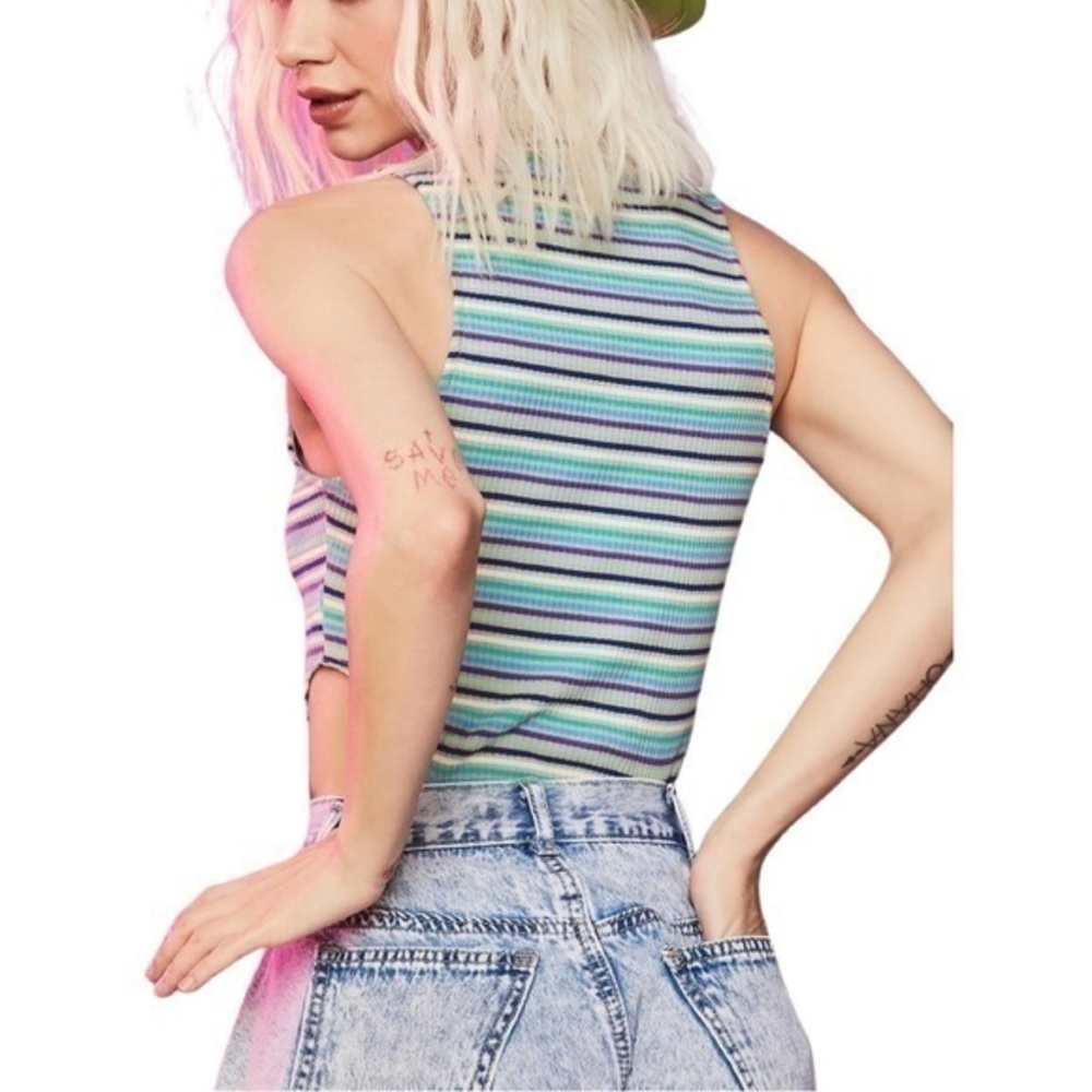 Anna Grace Women’s Green Blue Striped Ribbed Knit Mock Neck Tank Bodysuit